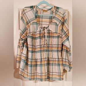 TRUE Craft Plaid Boho Style Sheer Long Puff Sleeve Top Blouse Size 1X